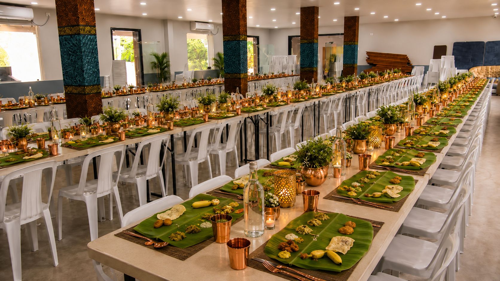 Traditional banana leaf dining setup at Surabhi SJN